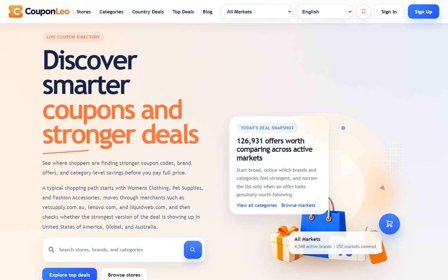 CouponLeo homepage showing coupon discovery across active markets