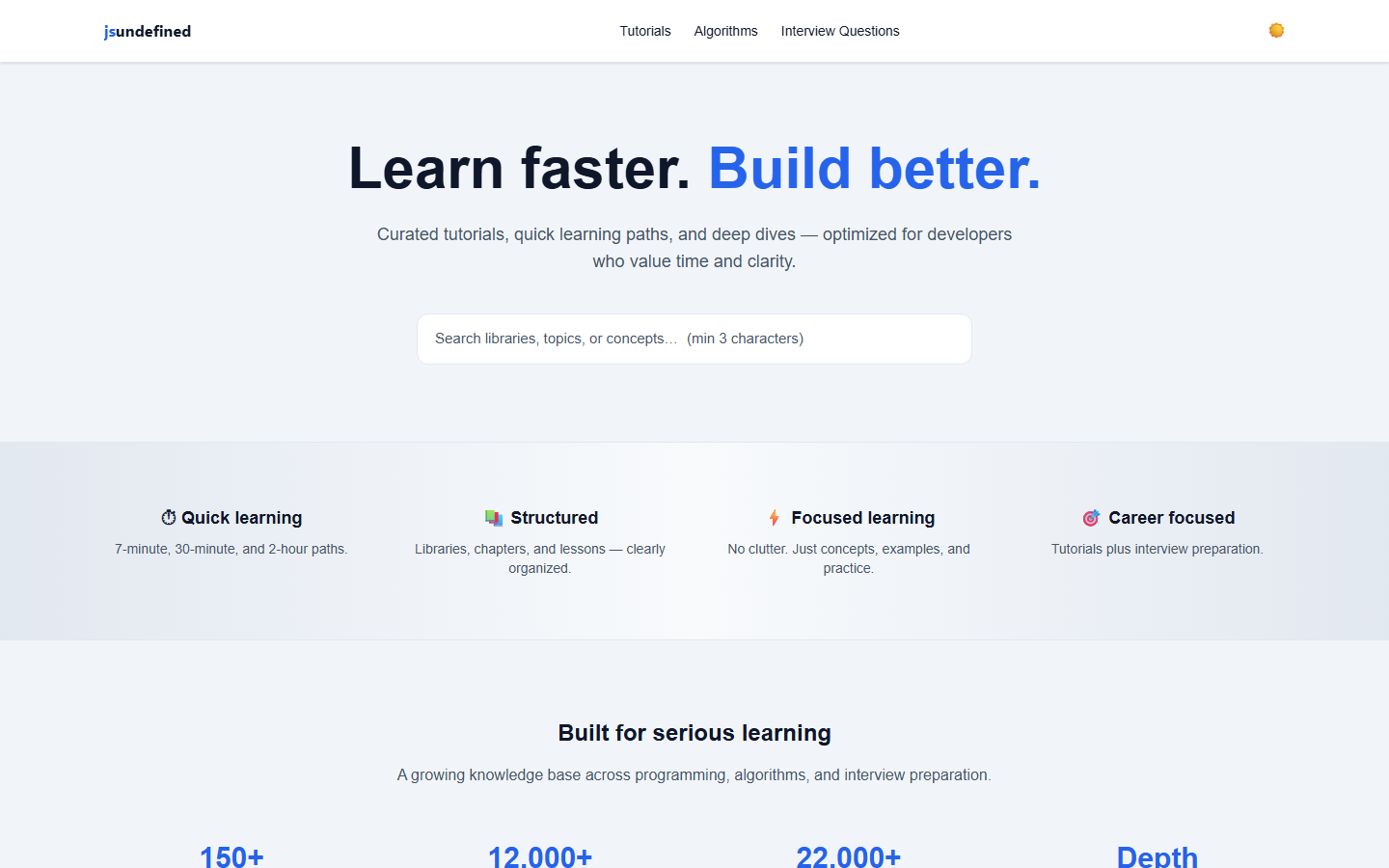 JSUndefined developer learning homepage with tutorials and algorithms
