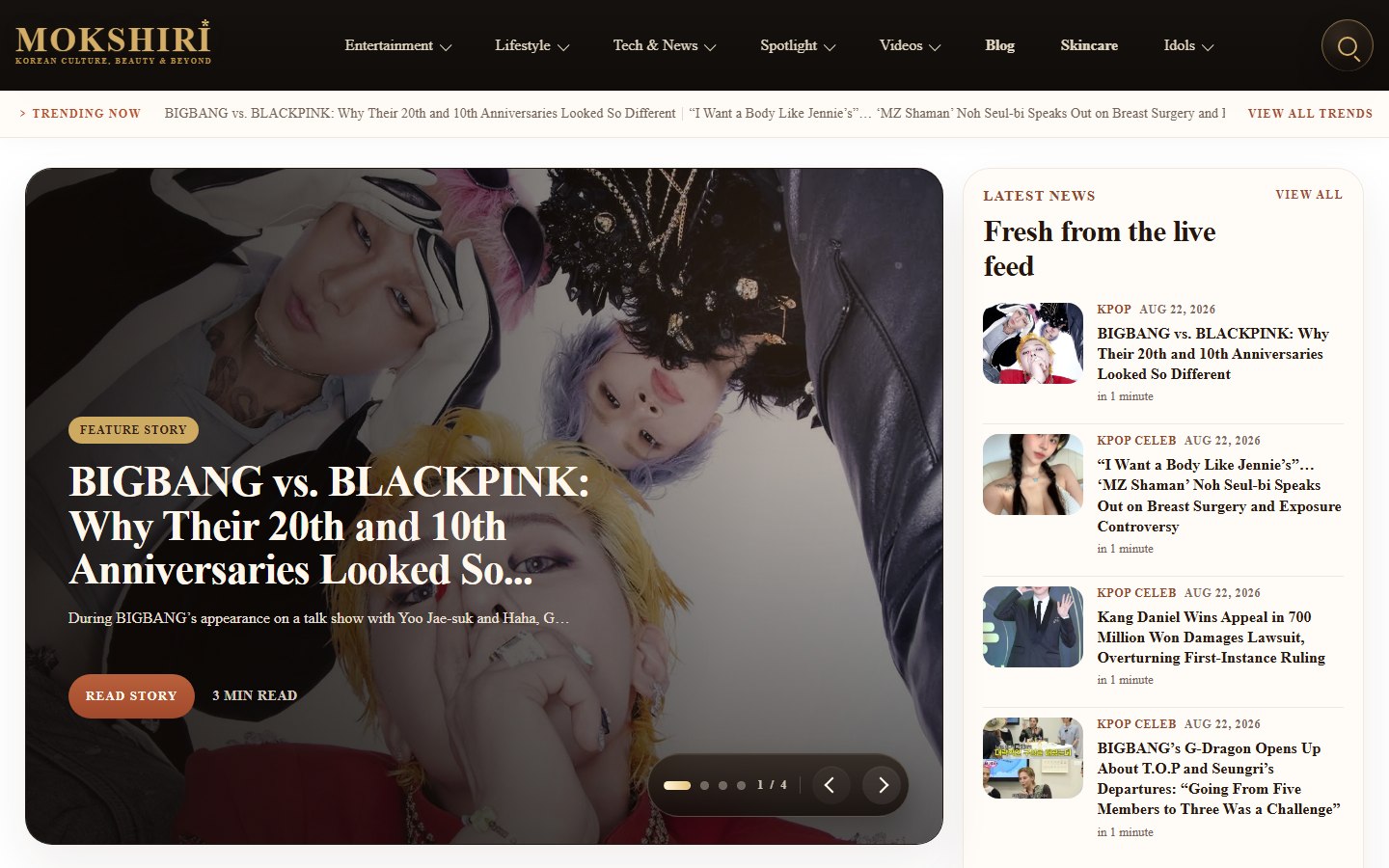 Mokshiri editorial homepage with a feature story and live news feed