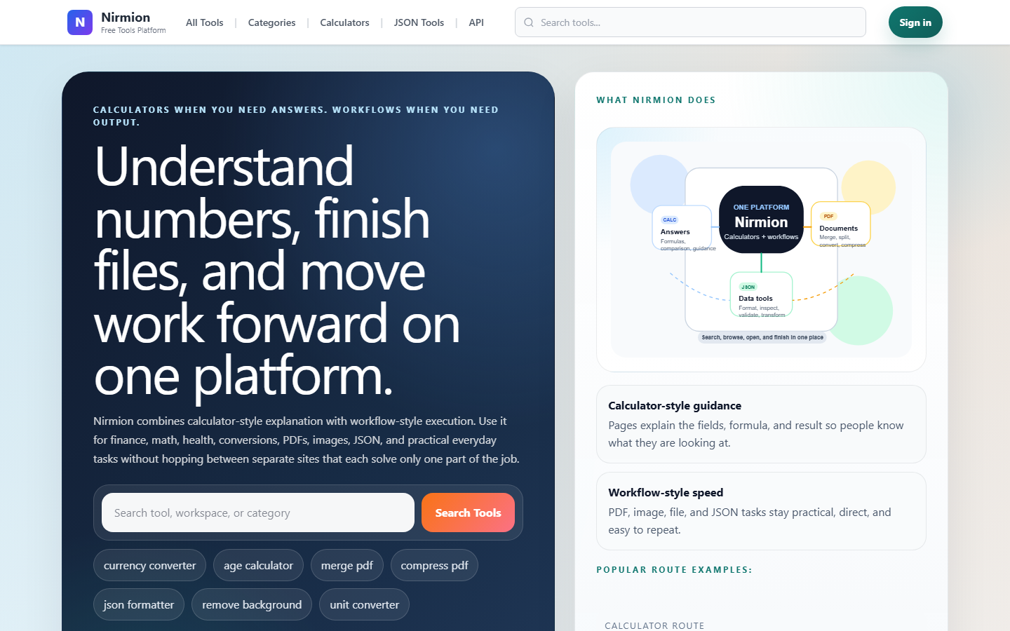 Nirmion homepage for calculators, file tools, and workflow utilities